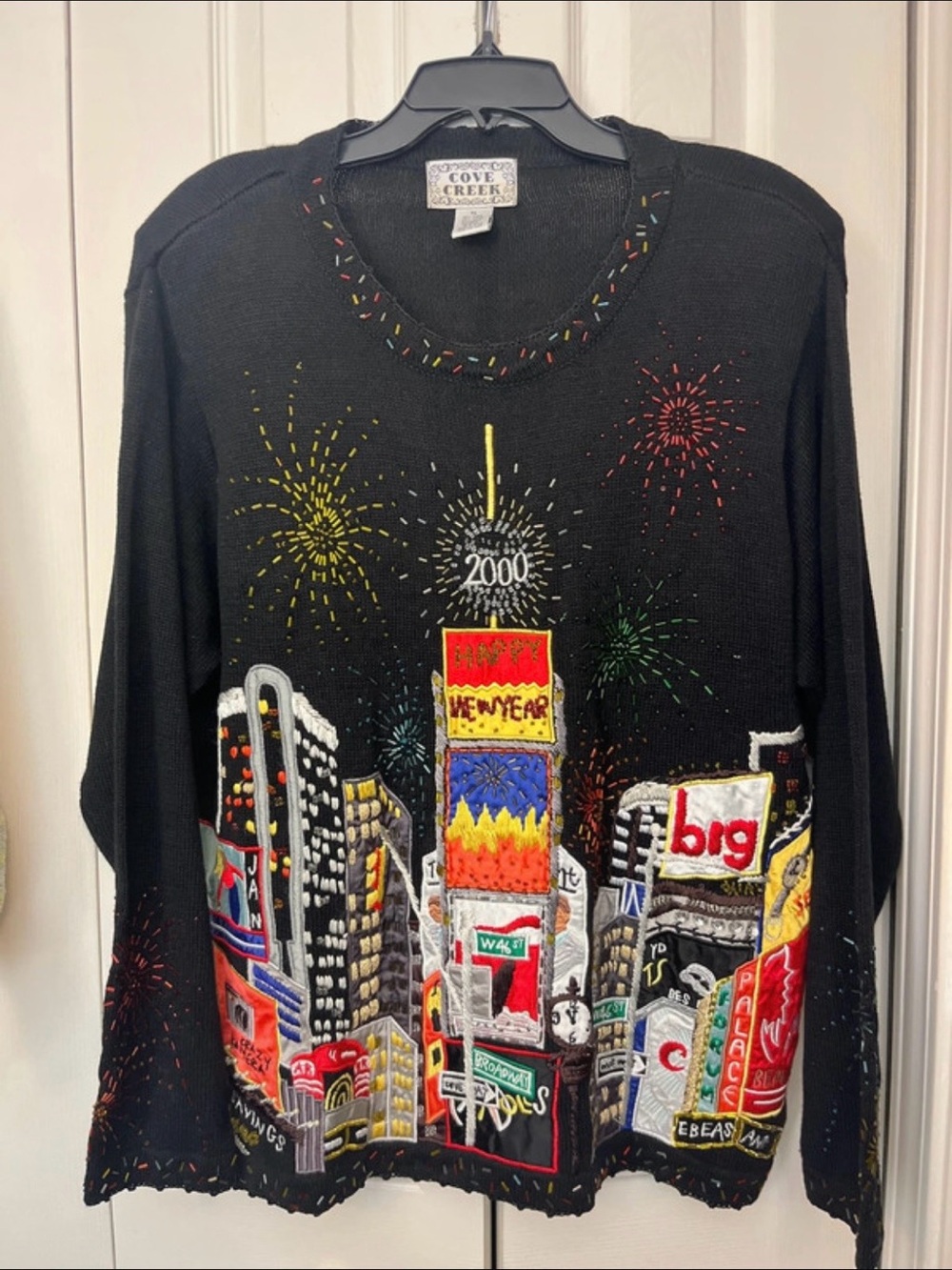 Black Embroidered Y2K New Year Times Square Sweater Vintage